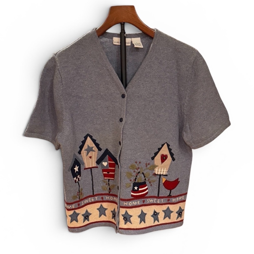 Croft & Barrow L slate Birdhouse Embroidered Short Sleeve Cardigan Sweater Sz L
